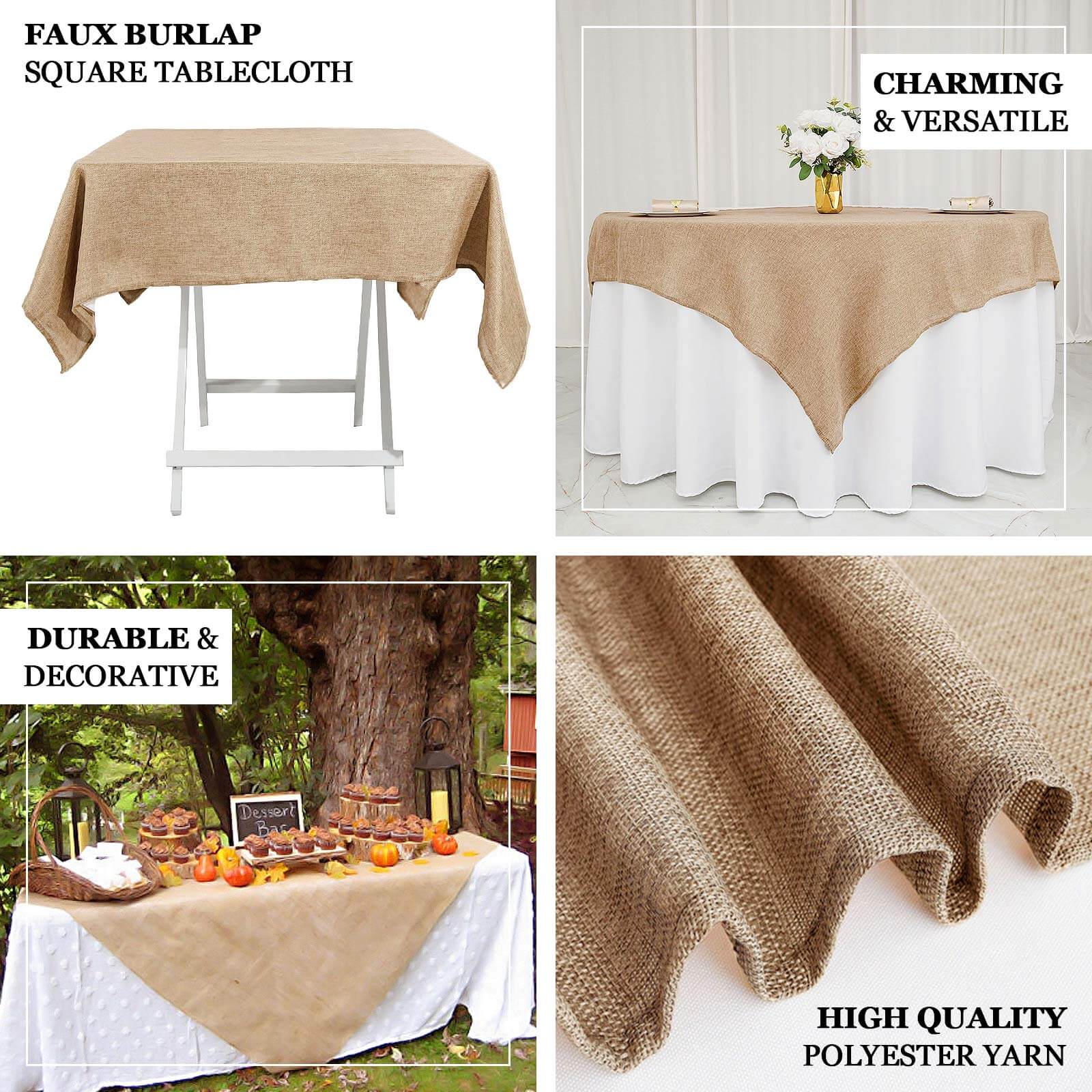 Burlap 72"x72" Faux Jute Table Overlay Square Tablecloth Natural - Boho Chic Design for Vintage Celebrations