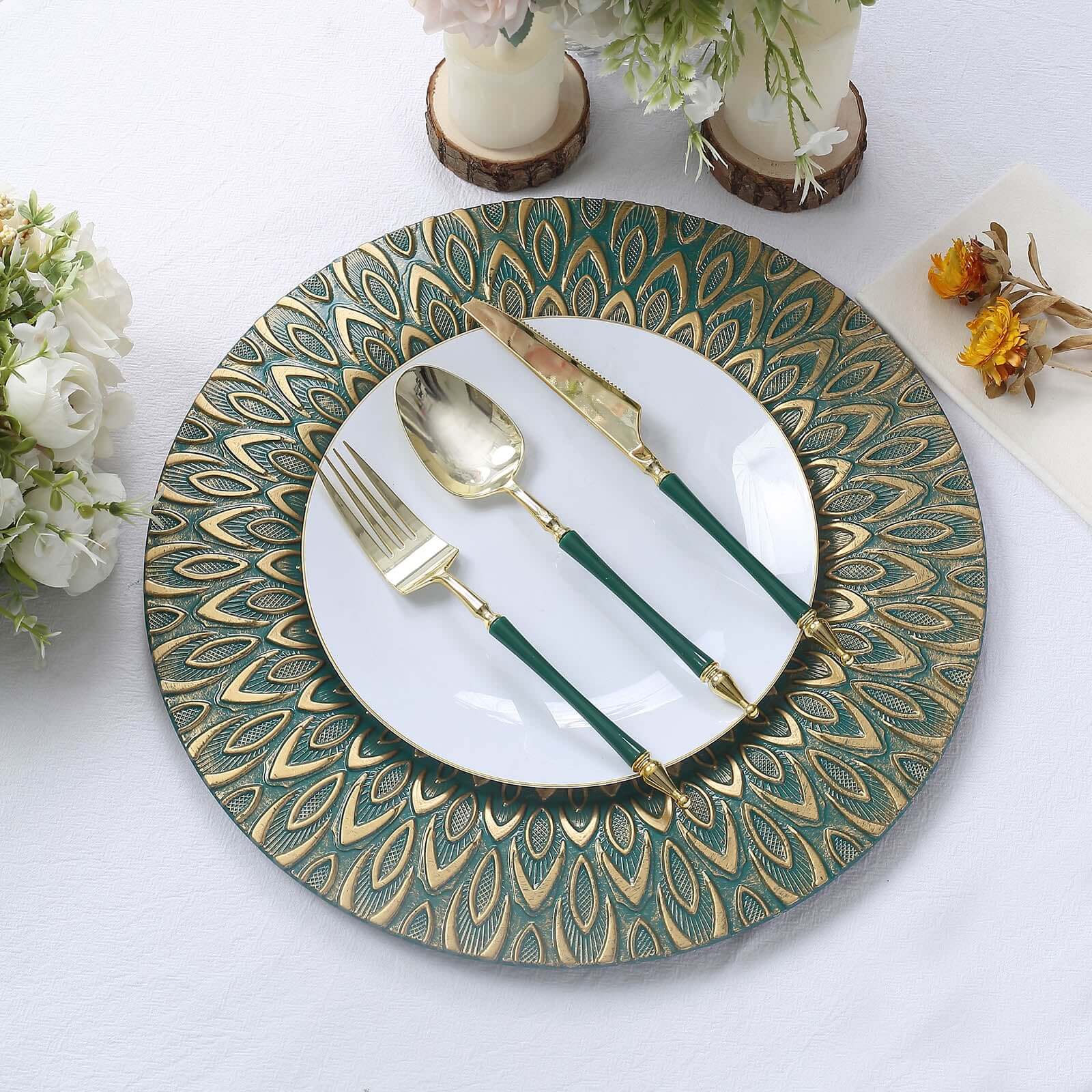 6-Pack Plastic Round Charger Plates 13" in Teal with Gold Embossed Peacock Pattern, Stylish Disposable Charger Tableware