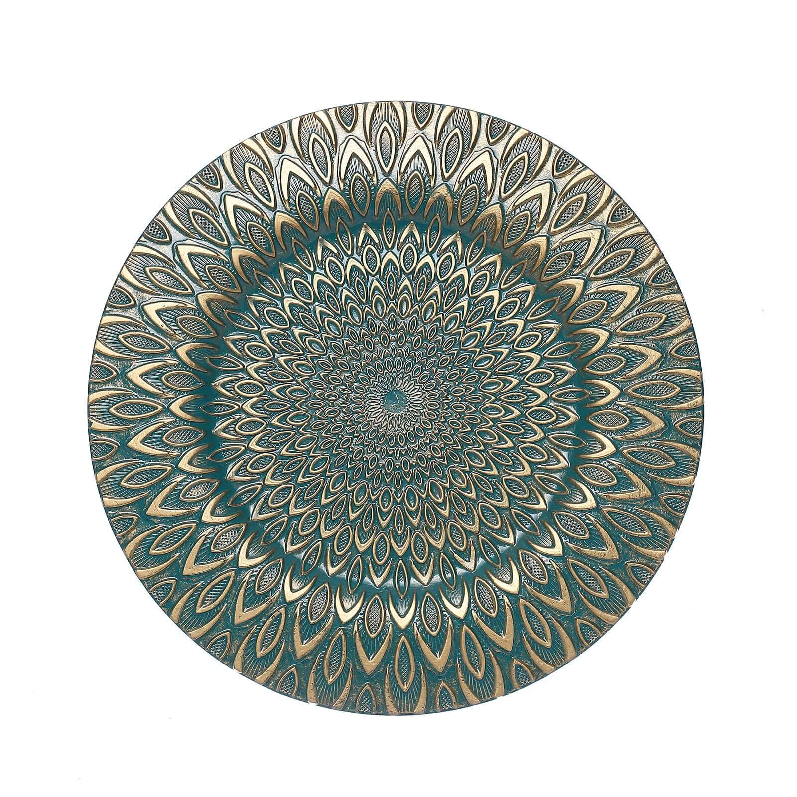 6-Pack Plastic Round Charger Plates 13" in Teal with Gold Embossed Peacock Pattern, Stylish Disposable Charger Tableware