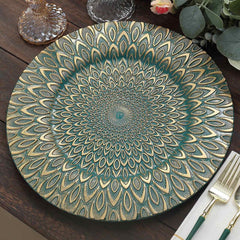 6-Pack Plastic Round Charger Plates 13" in Teal with Gold Embossed Peacock Pattern, Stylish Disposable Charger Tableware