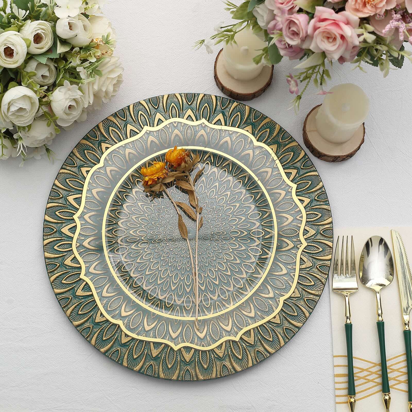 6-Pack Plastic Round Charger Plates 13" in Teal with Gold Embossed Peacock Pattern, Stylish Disposable Charger Tableware